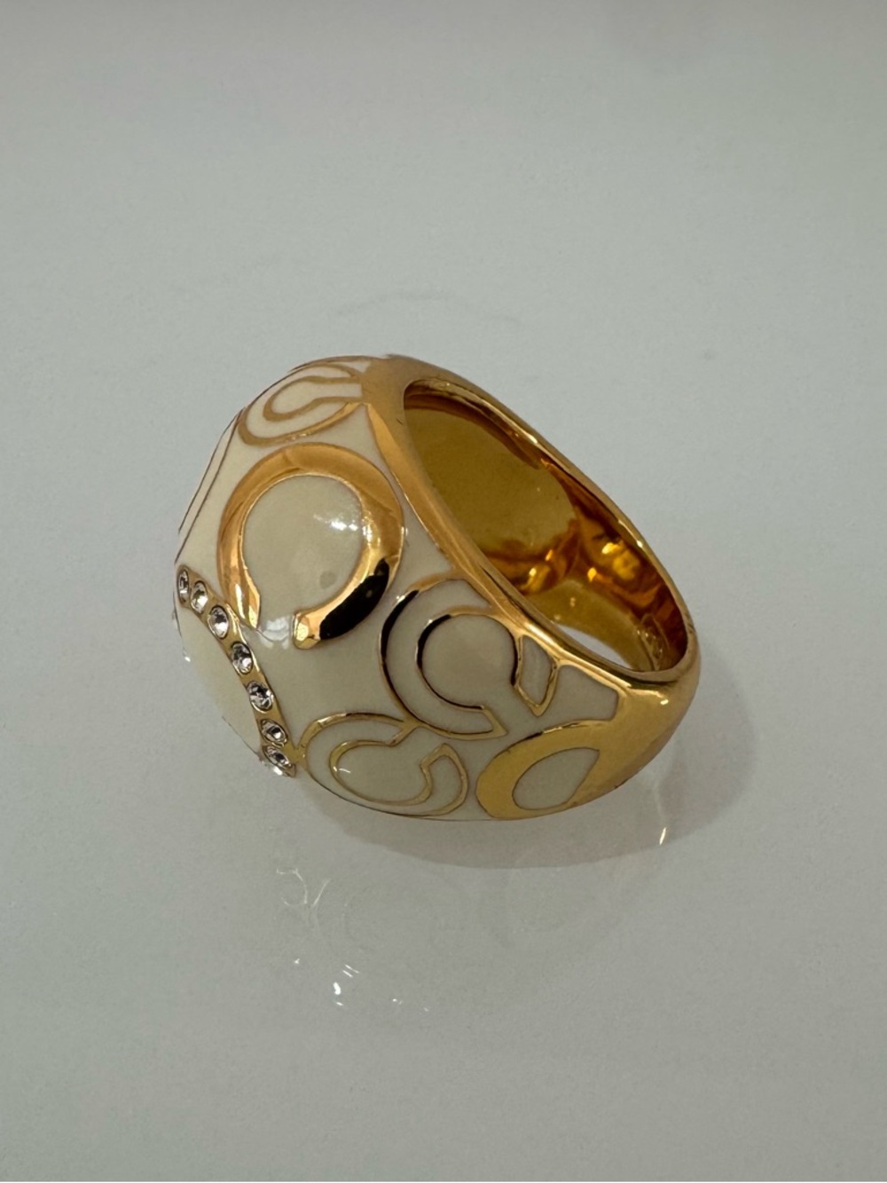 COACH Cream and Gold Dome Ring with Crystal Accents, Size 6.5 - Picture 3 of 5